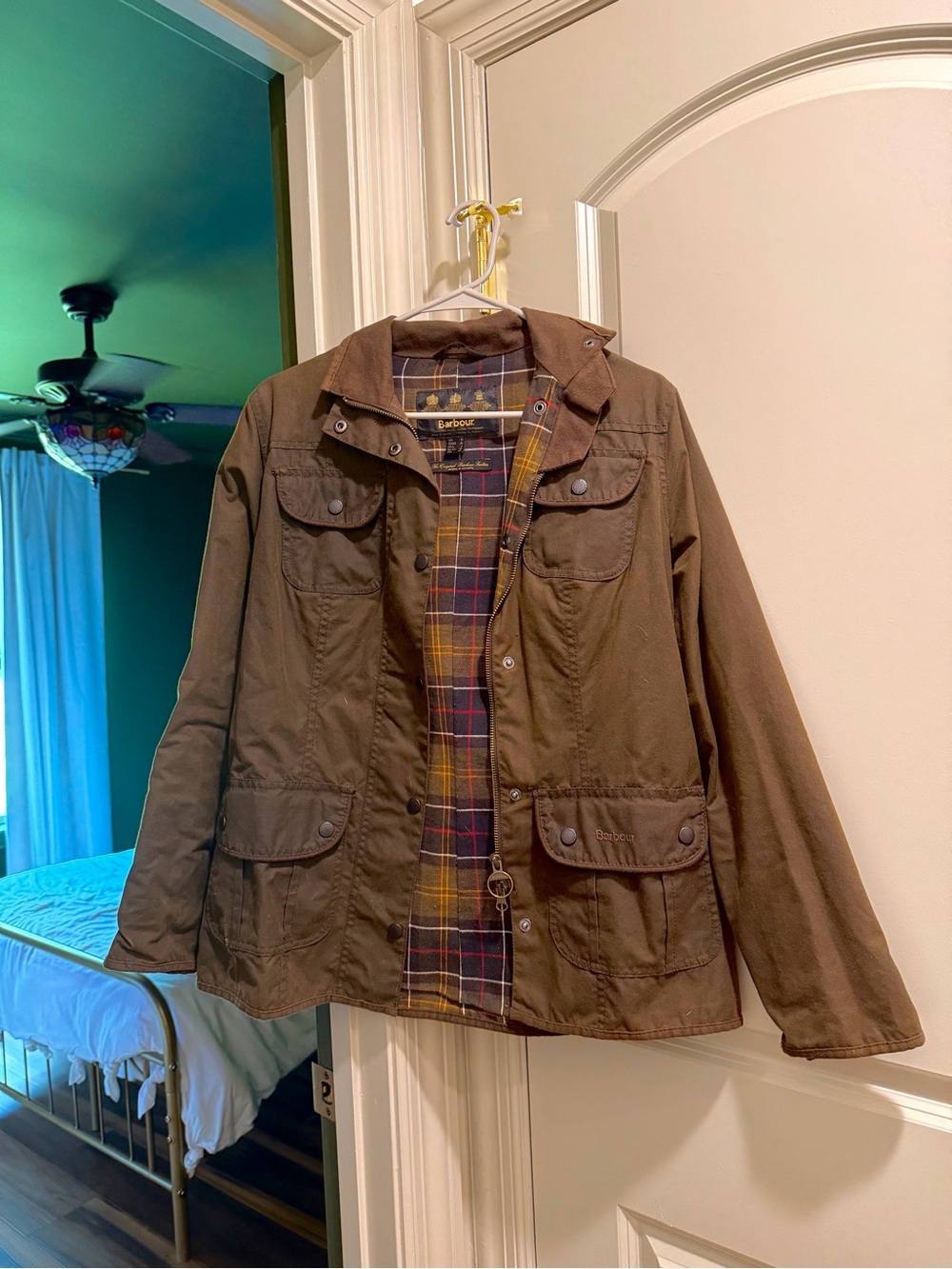 Barbour Olive Waxed Utility Field Jacket with Tartan Lining / UK 10 / US 6